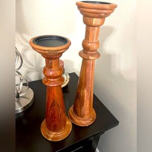 Hand Crafted Wooden Candle Holders - Rich Brown Finish